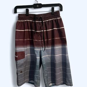 Nonwe Men's Ombre Striped Swim Trunks Board Shorts Burgundy Blue 32